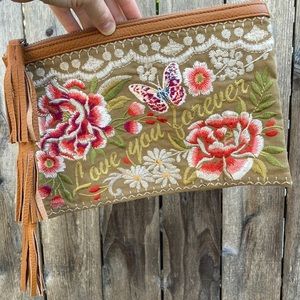 Johnny Was “love you forever” embroidered clutch